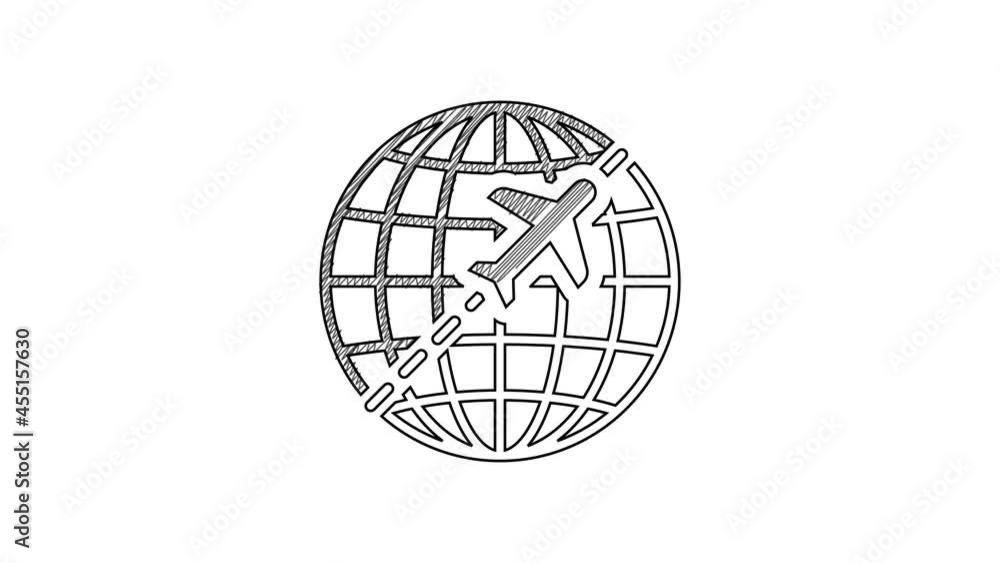 Black line Globe with flying plane icon isolated on white background. Airplane fly around the planet earth. Aircraft world icon. 4K Video motion graphic animation Black line Globe with flying plane icon isolated on white background. Airplane fly around the planet earth. Aircraft world icon. 4K Video motion graphic animation