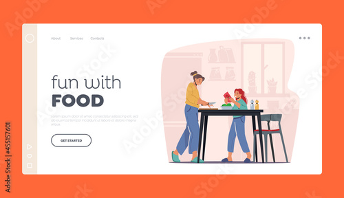 Happy Family of Mother and Daughter Cooking at Home Landing Page Template. Woman Teach Girl Prepare Food on Kitchen