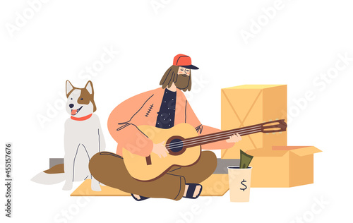 Homeless tramp beggar guy singing playing guitar begging money for food for jobless man and dog