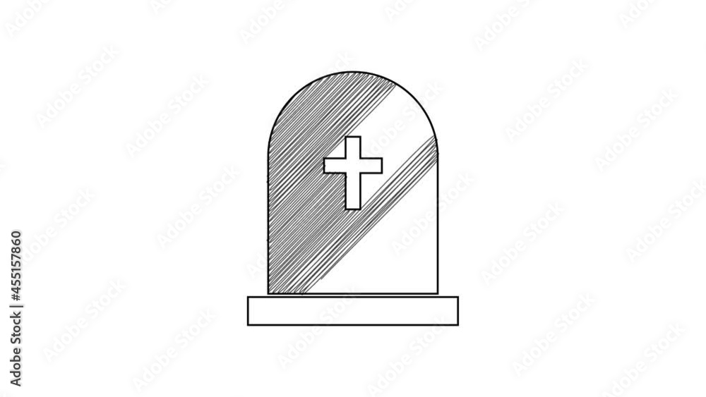 Black line Tombstone with cross icon isolated on white background. Grave icon. 4K Video motion graphic animation Black line Tombstone with cross icon isolated on white background. Grave icon. 4K Video motion graphic animation