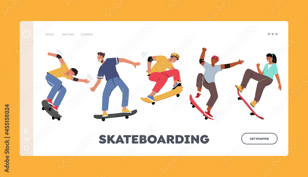 Boys and Girls Skateboarding Activity Landing Page Template Set. Young People Skating Longboard, Jump and Making Stunts