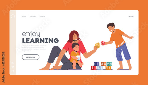 Parent Playing with Children Landing Page Template. Happy Family Leisure. Loving Mom and Kids Learning Sparetime