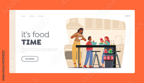 Happy Family at Home Kitchen Landing Page Template. Mother Teaching Kids Cooking Dishes, Children Help Parents