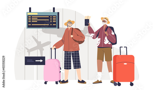 Senior couple with luggage suitcases travel wait for departure. Active older man and woman on trip