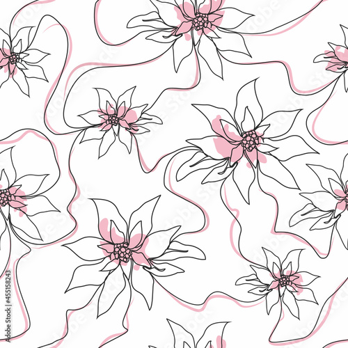 seamless pattern, continuous one line drawing. Concept  holiday, poinsettia flower isolated on white background. hand-drawn,  close-up. modern design. for print, banner, card, paper, poster. vector  © dezignstock