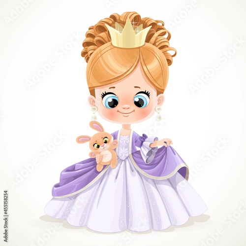 Cute baby princess with blond curly hair in pink dress isolated on a white background