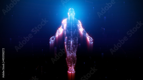 Transformed man after getting a vaccine. Human consists of a cloud of points and abstract lines. (3d illustration)