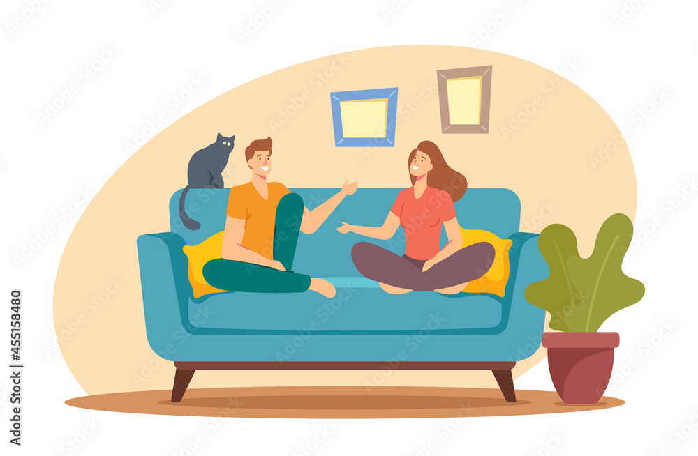 Young Man and Woman Characters Sitting on Sofa at Home Having Active Conversation. People Chatting, Discussing, Family