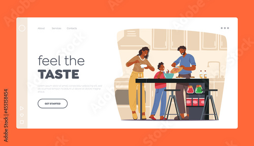 Happy Family Cooking at Home Landing Page Template. Mother, Father and Little Son Preparing Food on Kitchen