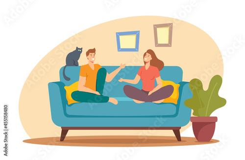 Young Man and Woman Characters Sitting on Sofa at Home Having Active Conversation. People Chatting, Discussing, Family
