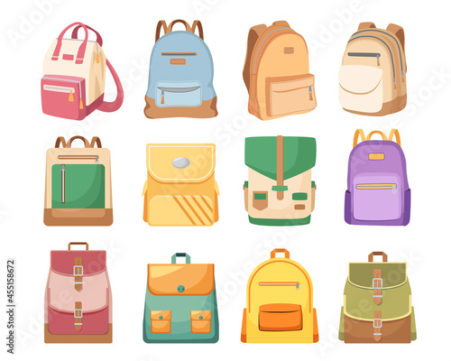 Set of Schoolbags, Kids School Bags of Bright Colors, Knapsacks and Rucksacks. Student Baby Backpacks with Slings, Icons