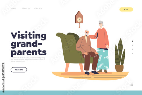Visiting grandparents concept of landing page with elderly man and woman happy senior couple at home