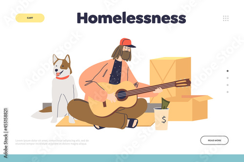 Homelessness concept of landing page with homeless tramp beggar guy playing guitar begging money