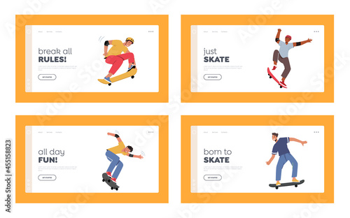 Young People Skating Longboard Landing Page Template. Teenagers Skaters Boys and Girls Freedom Lifestyle. Urban Culture