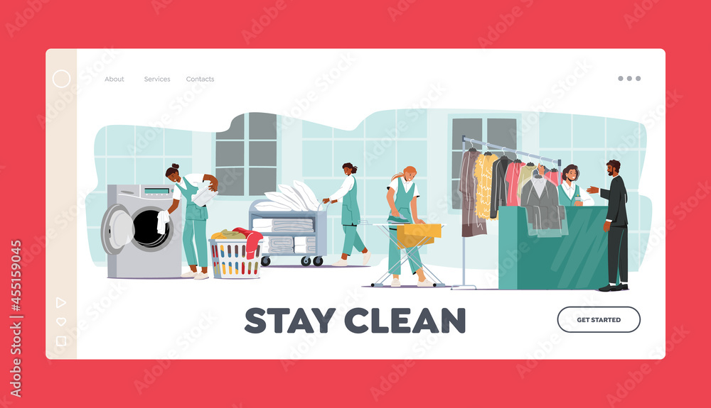 Dry Cleaning Laundry Landing Page Template. Worker Character Loading Clothes to Washing Machine, Ironing, Rolling Cart