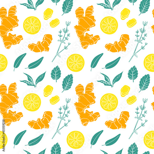 Seamless pattern with ginger, curcuma, lemon, mint, thyme. Colorful sketch collection of herbs and spices isolated on white background. Doodle hand drawn healthy food icons. Vector illustration