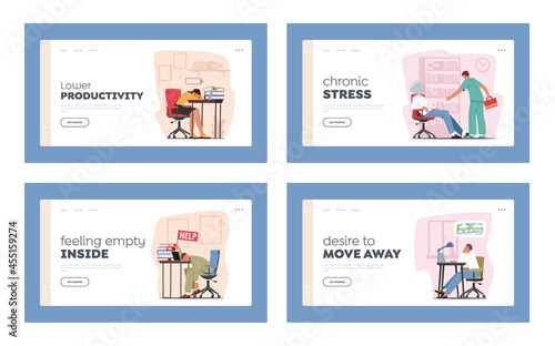 Professional Burnout Syndrome Landing Page Template Set. Exhausted Managers at Work Sitting at Table with Head Down