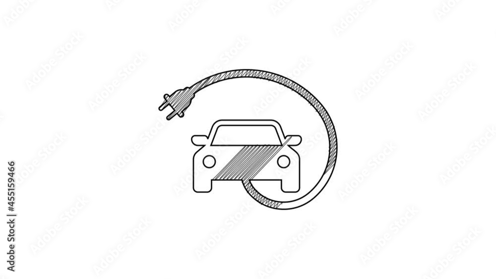 Black line Electric car and electrical cable plug charging icon isolated on white background. Renewable eco technologies. 4K Video motion graphic animation Black line Electric car and electrical cable plug charging icon isolated on white background. Renewable eco technologies. 4K Video motion graphic animation