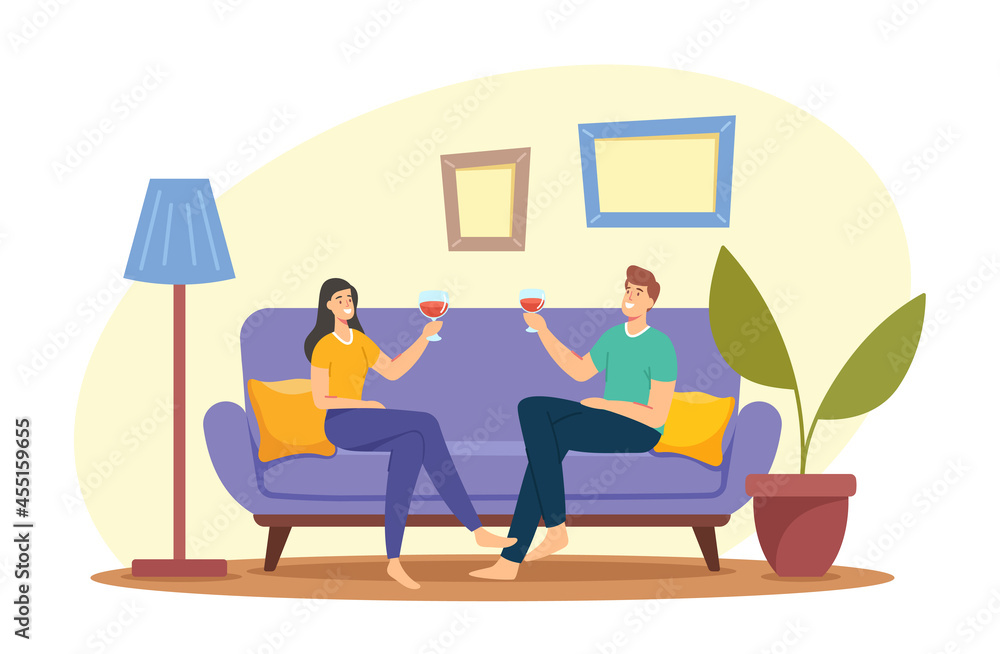 Young Loving Couple Characters Spend Time at Home Sitting on Couch Together Chatting, Drinking Wine on Weekend Evening