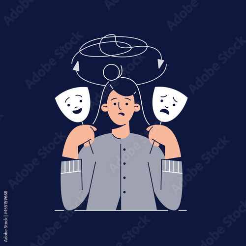 Bipolar disorder concept. Woman shows two face mask with happy and unhappy mood. Isolated on dark. manic depression, bipolar illness, mental disorder for web, banner design.Flat vector illustration