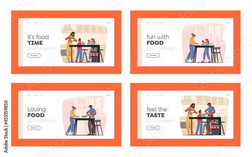 Happy People Cooking at Home Landing Page Template Set. Men, Women and Kids on Kitchen Using Different Appliances
