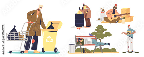 Collection of homeless beggars begging for money, searching for food in garbage, sleeping outdoors