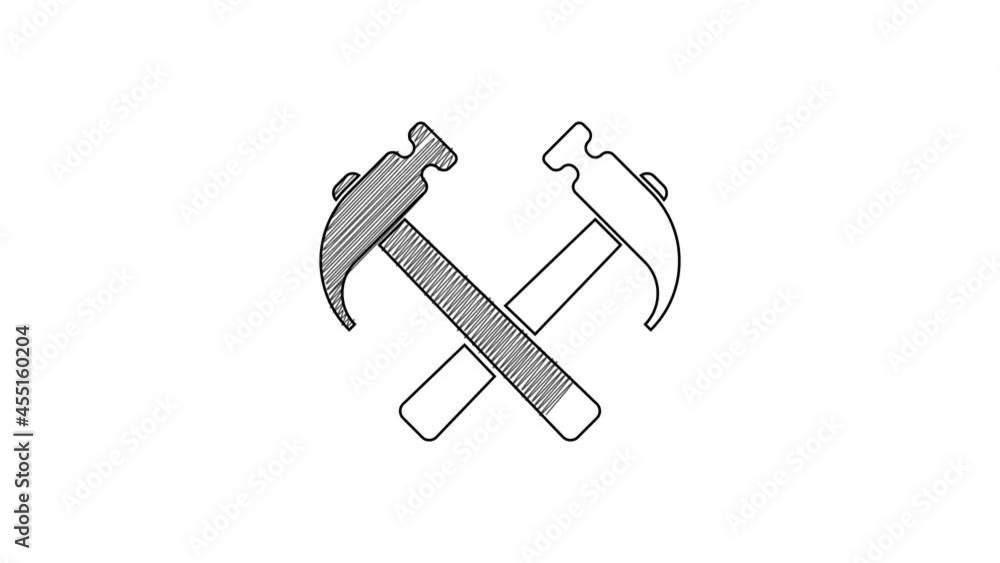 Black line Two crossed hammers icon isolated on white background. Tool for repair. 4K Video motion graphic animation Black line Two crossed hammers icon isolated on white background. Tool for repair. 4K Video motion graphic animation