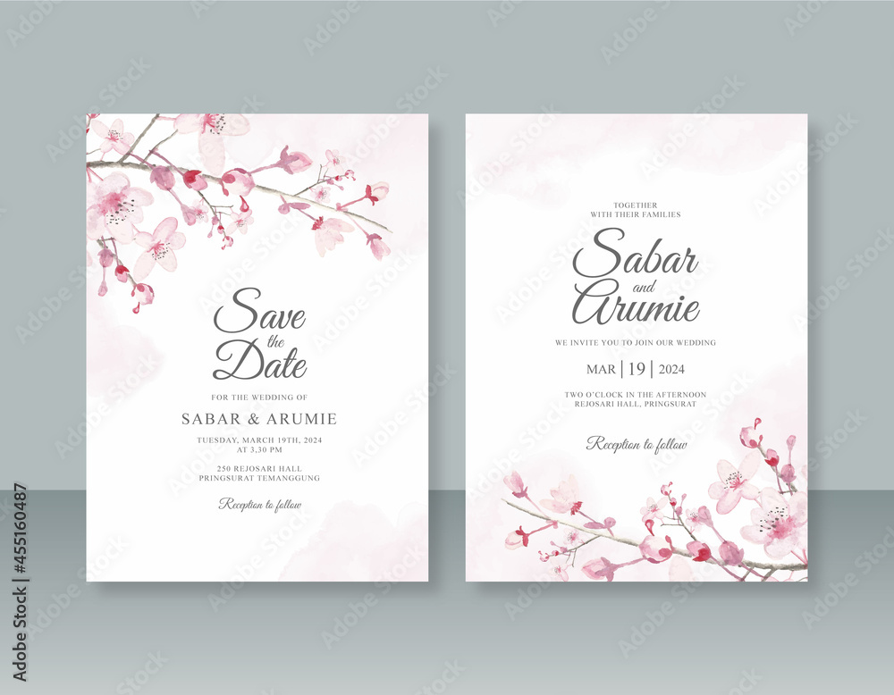 Minimalist wedding invitation template with watercolor painting