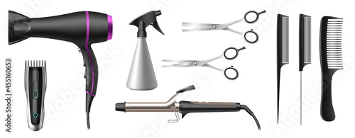 Realistic hairdresser salon or barbershop tools set. 3d professional hairstyle accessories