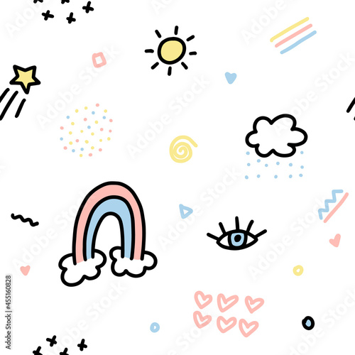 Seamless vector pattern. Hand drawn doodle rainbow heart sun cloud, cute trendy texture design, fabric textile, wrapping