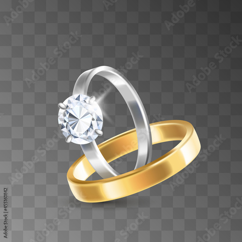 Golden and silver wedding rings decorated with precious stones diamonds for ceremony of marriage