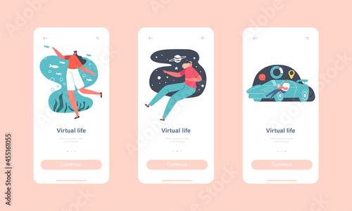 Virtual Life Mobile App Page Onboard Screen Template. Characters Use Vr Glasses for Augmented Reality Experience