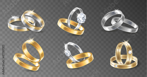 Realistic 3d shining set of engagement wedding silver and gold plated metallic rings