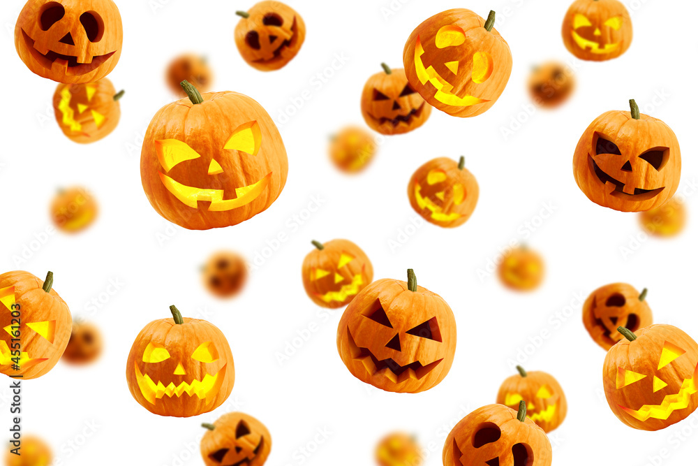 Falling Halloween pumpkin isolated on white background, selective focus Falling Halloween pumpkin isolated on white background, selective focus