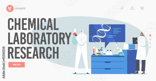 Chemical Laboratory Research Landing Page Template. Scientists Characters Work in Scientific Lab. Medicine Technology