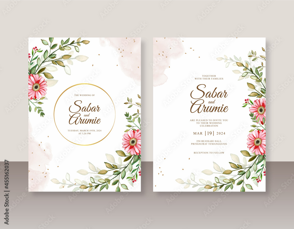 Elegant wedding invitation template with hand painting watercolor floral