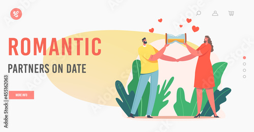 Romantic Partners on Date Landing Page Template. Loving Couple Hold Hourglass, Spend Time Together. Characters in Love