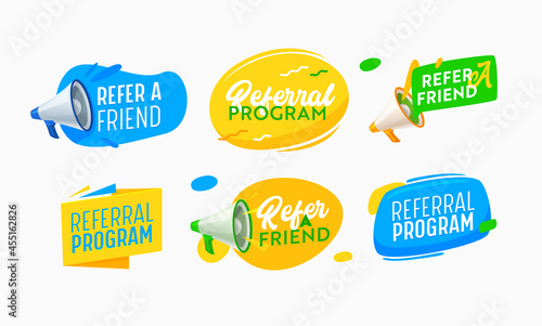 Set of Icons Refer a Friend and Referral Program Banners for Marketing Campaign. Marketing Advert Alert with Megaphone