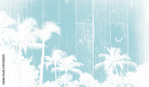 Palm trees tropical sky background double exposure over light blue vintage wood texture