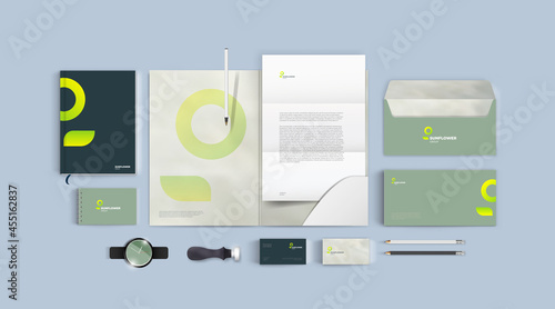 Vector branding template with green logo and colorful background. Minimalistic corporate identity mockup set.