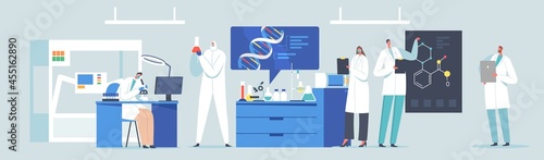 Scientific Laboratory Research or Experiment Process. Scientists Characters Working with Dna, Looking through Microscope