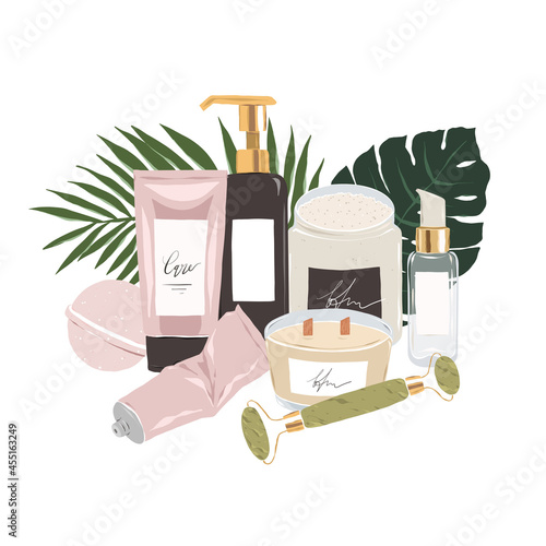 3 step skincare products, cosmetic beauty treatments, facial roller massager, skin care moisturizer, serum, scented candles and silk facial mask decorated with tropical leaves, wellness kit, bath