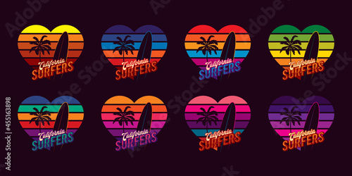 Original vector vintage set. A collection of retro sunset in the shape of a heart with a palm tree and a surfboard.