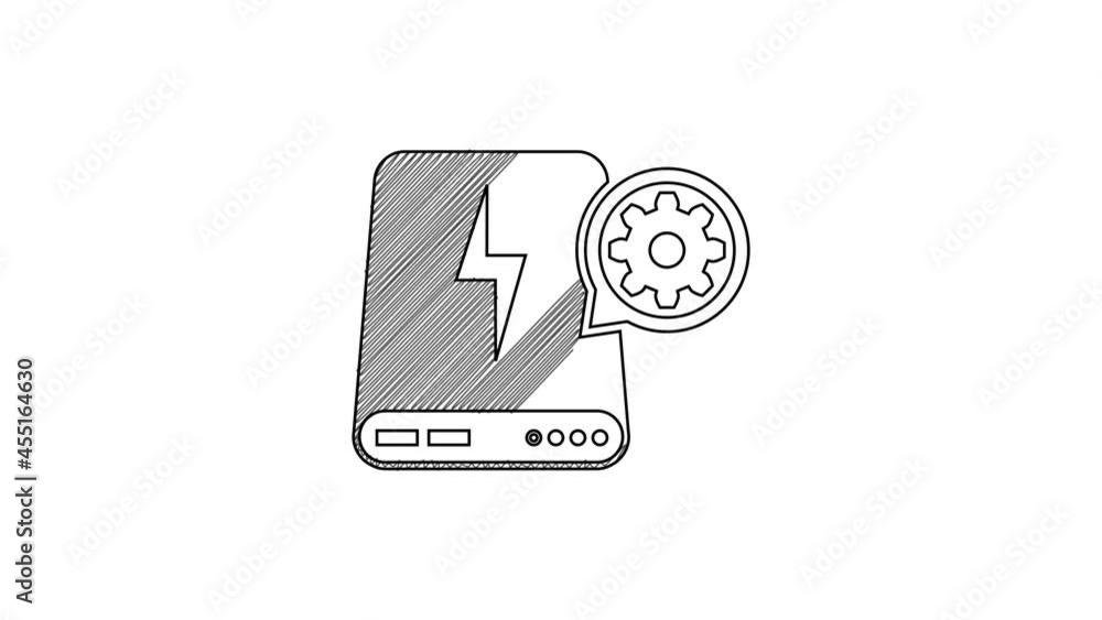 Black line Power bank and gear icon isolated on white background. Adjusting app, service concept, setting options, maintenance, repair, fixing. 4K Video motion graphic animation Black line Power bank and gear icon isolated on white background. Adjusting app, service concept, setting options, maintenance, repair, fixing. 4K Video motion graphic animation