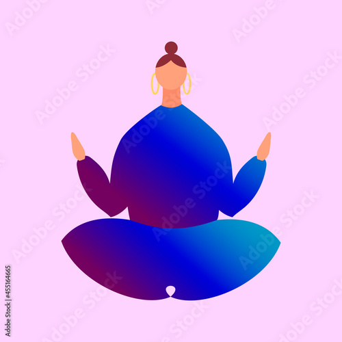 A woman in blue clothes sitting in a lotus pose. The cartoon character does yoga. Concept of balance, healthy lifestyle, sports, harmony