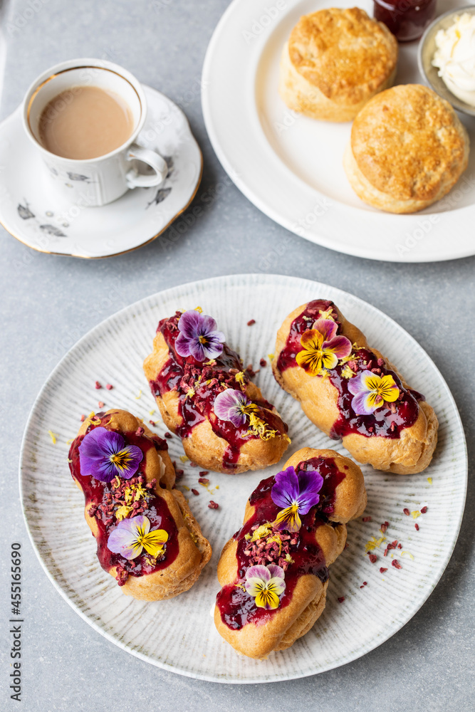 Afternoon tea with eclairs and scones