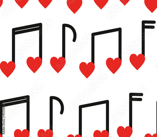 Seamless pattern with musical notes heart shaped on white background. Valentines day, romantic music melody backdrop