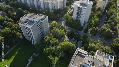 Aerial of suburban area in Munich Germany in 4k UHD, Drone view of apartments and parks, block