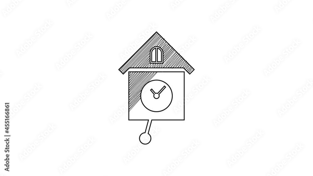 Black line Retro wall watch icon isolated on white background. Cuckoo clock sign. Antique pendulum clock. 4K Video motion graphic animation Black line Retro wall watch icon isolated on white background. Cuckoo clock sign. Antique pendulum clock. 4K Video motion graphic animation