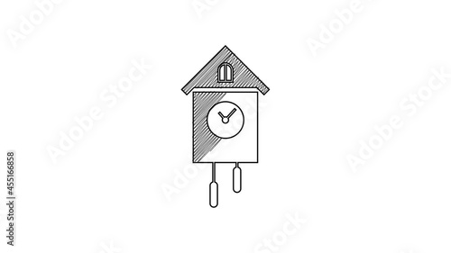Black line Retro wall watch icon isolated on white background. Cuckoo clock sign. Antique pendulum clock. 4K Video motion graphic animation